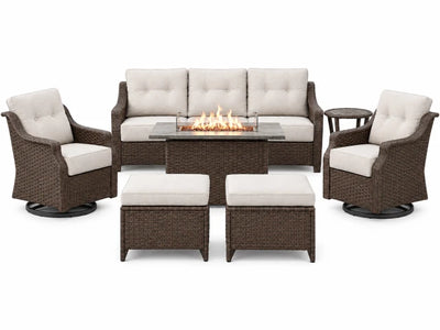 Outdoor Patio Furniture Set Built for Year-Round Use, 7 Pieces, Swivel Rockers, 50K BTU Fire Pit Table