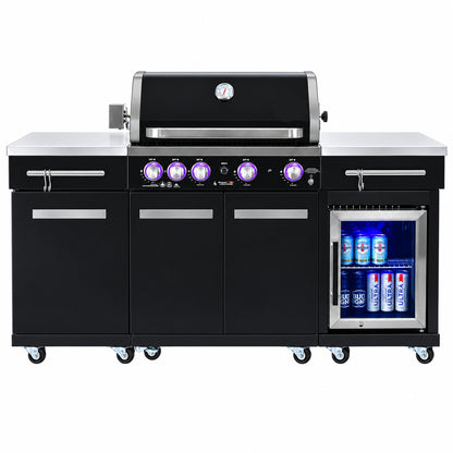 Premium 70"W Black Stainless Steel Outdoor Kitchen Island BBQ Gas Grill with Compact Refrigerator & Rotisserie Burner + Dual Sided Griddle Plate + Charcoal Tray + Natural Gas Conversion Kit
