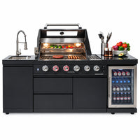 Outdoor Kitchen Island Gas Grill System 4 Burner BBQ Island with Rotisserie Kit, Integrated Sink, Wine Cooler & Granite Countertop