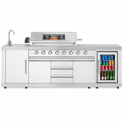 Outdoor Kitchen Island with 6-Burner Grill, Sink & Beverage Fridge
