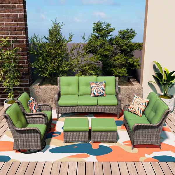 6-Piece Outdoor Patio Set with Swivel Rockers & Green Cushions