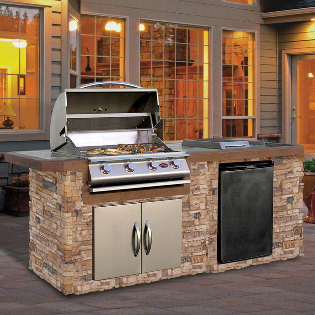 Cal Flame 7 foot BBQ Grill Island with P4 Four Burner Gas Grill, Fridge, Rotisserie Kit BBK - 710 - Grand Alfresco