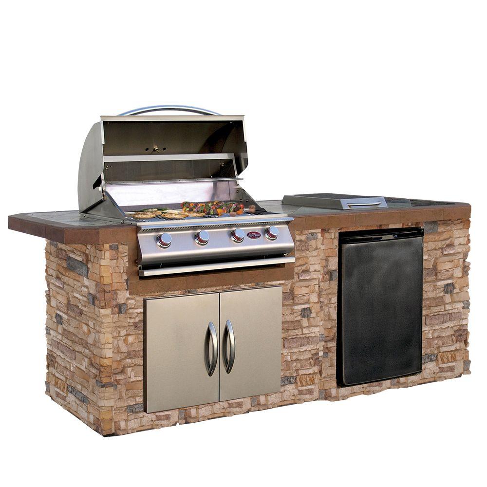 Cal Flame 7 foot BBQ Grill Island with P4 Four Burner Gas Grill, Fridge, Rotisserie Kit BBK - 710 - Grand Alfresco