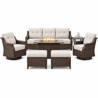 Luxurious 7 Piece Patio Furniture Set with Fire Pit Table, High Back Wicker Swivel Rocker Glider Outdoor Chairs with 6" Cushion, All-Weather Patio Conversation Set for Yard Garden - Brown/Beige