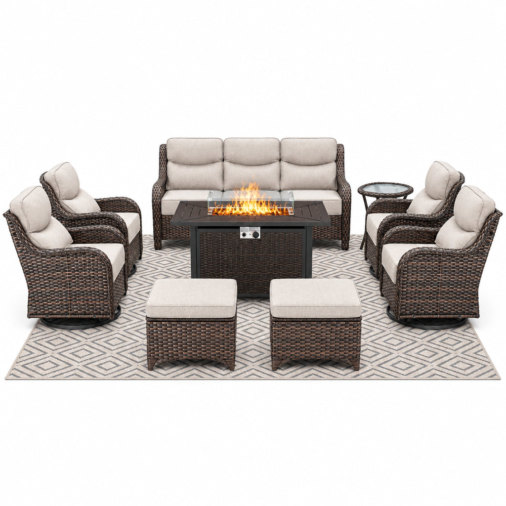 Luxury 9-Piece Outdoor Patio Furniture Set with Fire Pit Table,Swivel Rocker Chairs and 6" Thick Cushions,Wicker Sofa and Ottomans,Patio Conversation Sets for Porch Deck Garden Backyard