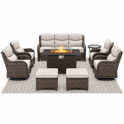 Luxury 9-Piece Outdoor Patio Furniture Set with Fire Pit Table,Swivel Rocker Chairs and 6" Thick Cushions,Wicker Sofa and Ottomans,Patio Conversation Sets for Porch Deck Garden Backyard