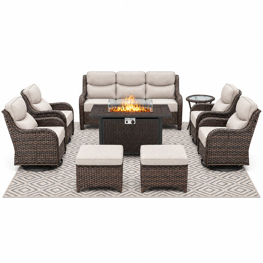 Luxury 9-Piece Outdoor Patio Furniture Set with Fire Pit Table,Swivel Rocker Chairs and 6" Thick Cushions,Wicker Sofa and Ottomans,Patio Conversation Sets for Porch Deck Garden Backyard