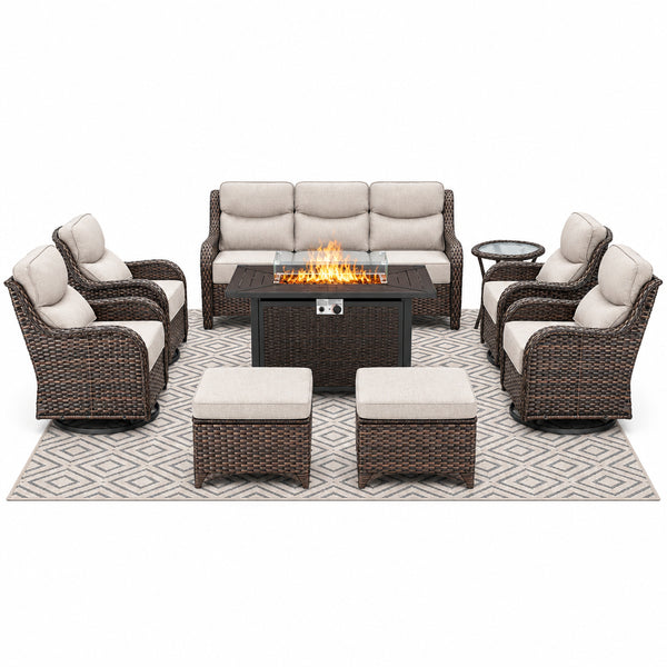 Luxury 9-Piece Outdoor Patio Furniture Set with Fire Pit Table,Swivel Rocker Chairs and 6" Thick Cushions,Wicker Sofa and Ottomans,Patio Conversation Sets for Porch Deck Garden Backyard