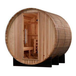 Golden Designs Arosa 4 Person Barrel Traditional Sauna - Pacific Cedar - Grand Alfresco