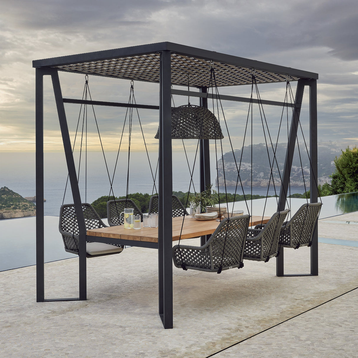 Horizon Pergola with Lamp, Hanging Chairs & Teak Table - Grand Alfresco