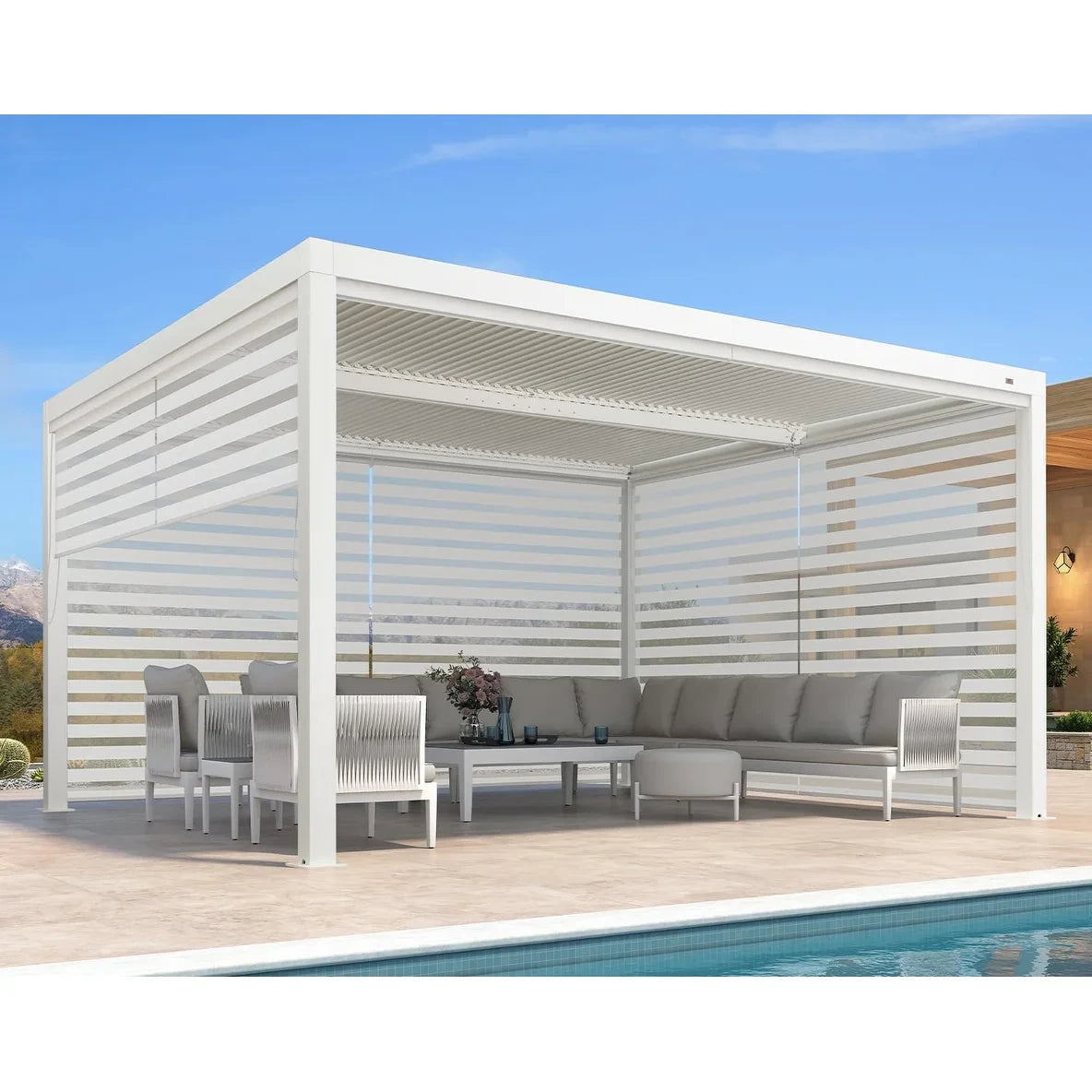 Louvered Pergola Modern White Pergola with Adjustable Roof for Deck Backyard Garden — product view 13
