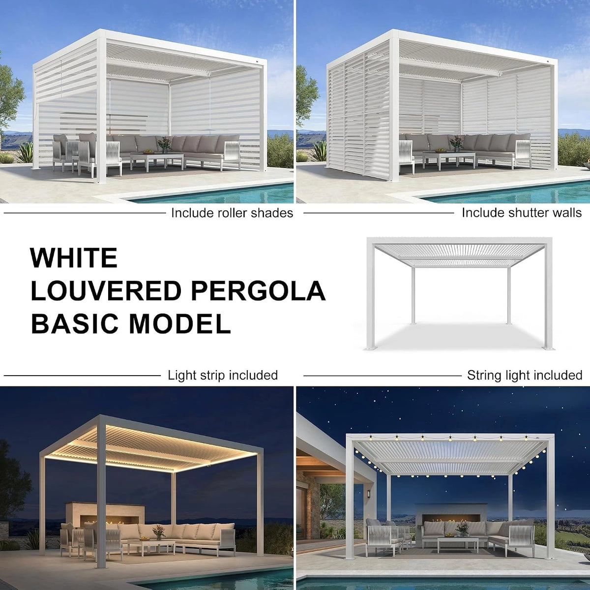 Louvered Pergola Modern White Pergola with Adjustable Roof for Deck Backyard Garden — product view 3
