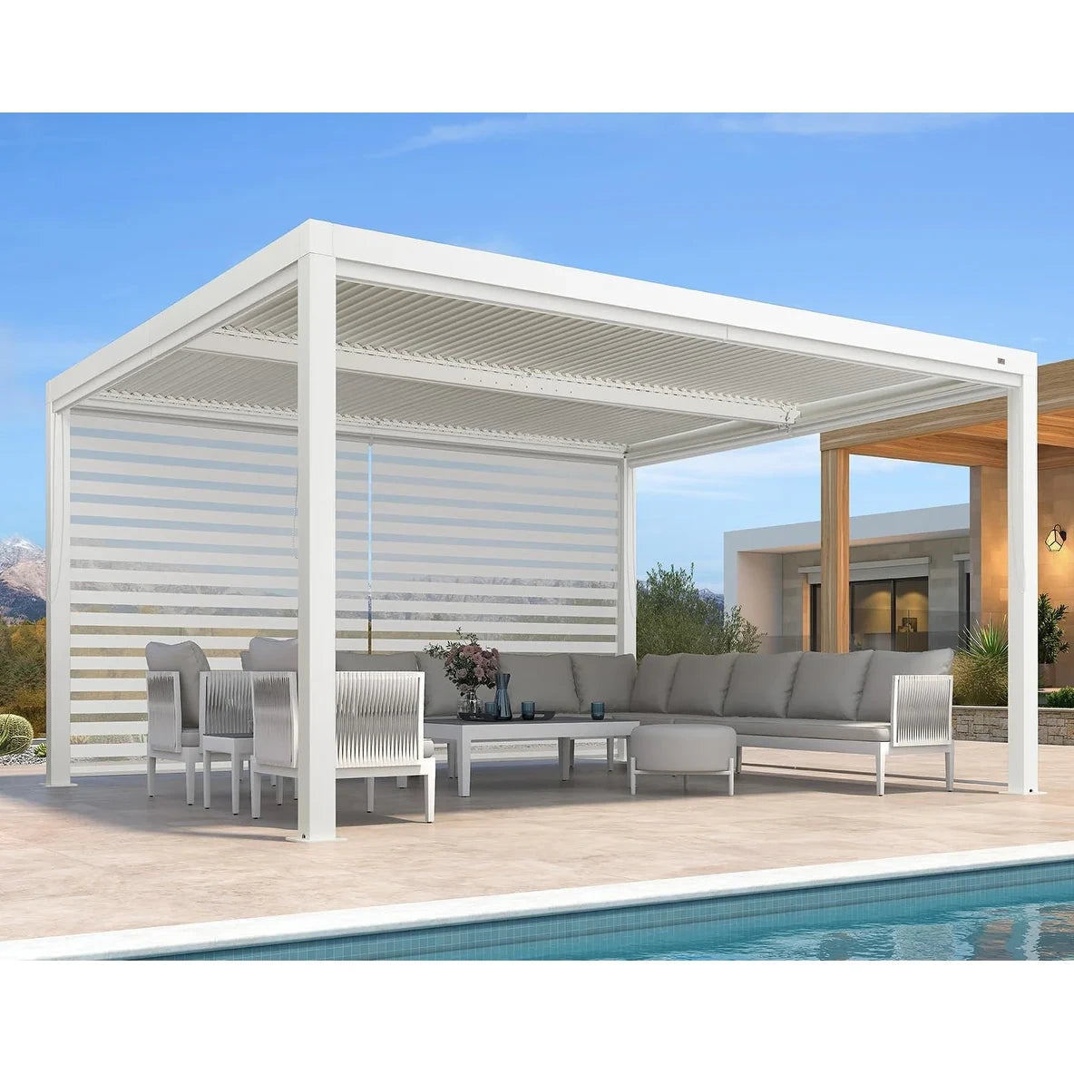 Louvered Pergola Modern White Pergola with Adjustable Roof for Deck Backyard Garden — product view 42