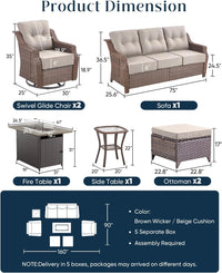 Luxurious 7 Piece Patio Furniture Set with Fire Pit Table, High Back Wicker Swivel Rocker Glider Outdoor Chairs with 6" Cushion, All-Weather Patio Conversation Set for Yard Garden - Brown/Beige — product view 2