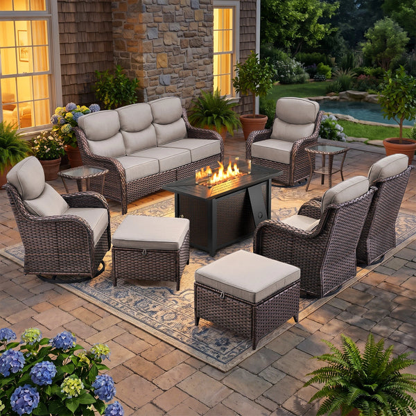 9-Piece Patio Furniture Set with Fire Pit & Swivel Chairs