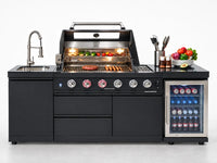 Outdoor Kitchen Island Gas Grill System 4 Burner BBQ Island with Rotisserie Kit, Integrated Sink, Wine Cooler & Granite Countertop