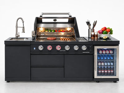 Outdoor Kitchen Island Built for Complete Entertainment, 4 Burner Gas Grill, Wine Cooler, Granite Countertop