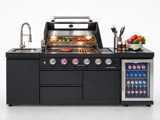 Outdoor Kitchen Island Gas Grill System 4 Burner BBQ Island with Rotisserie Kit, Integrated Sink, Wine Cooler & Granite Countertop