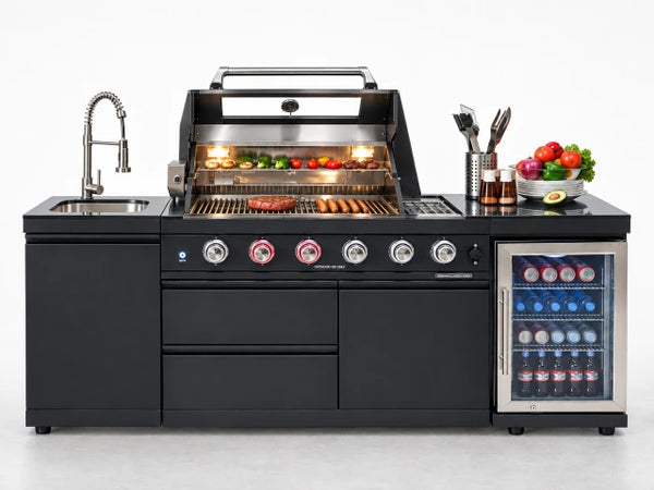 Outdoor Kitchen Island Gas Grill System 4 Burner BBQ Island with Rotisserie Kit, Integrated Sink, Wine Cooler & Granite Countertop