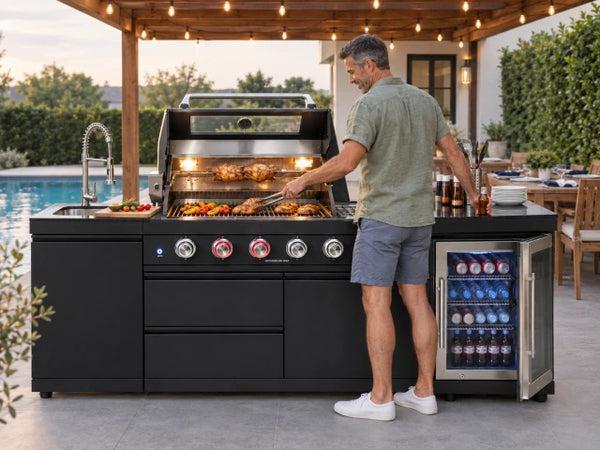 Outdoor Kitchen Island Built for Complete Entertainment, 4 Burner Gas Grill, Wine Cooler, Granite Countertop
