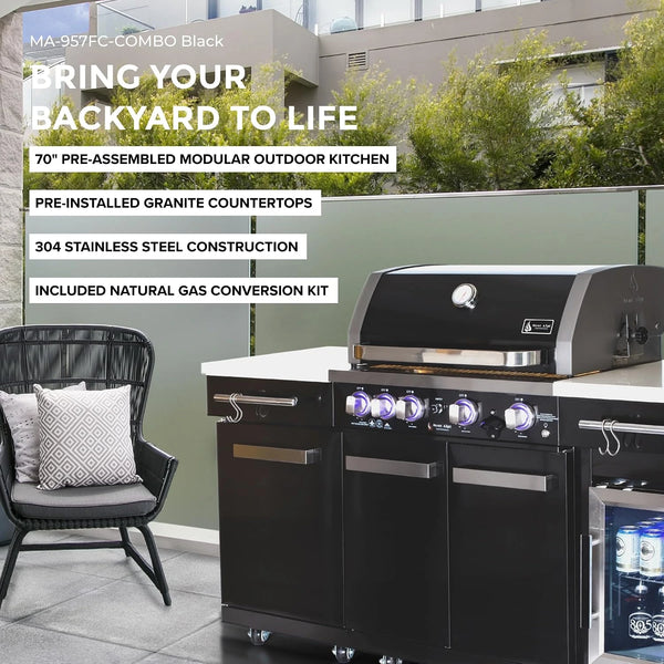 70-Inch Black Stainless Outdoor Kitchen Island with Refrigerator