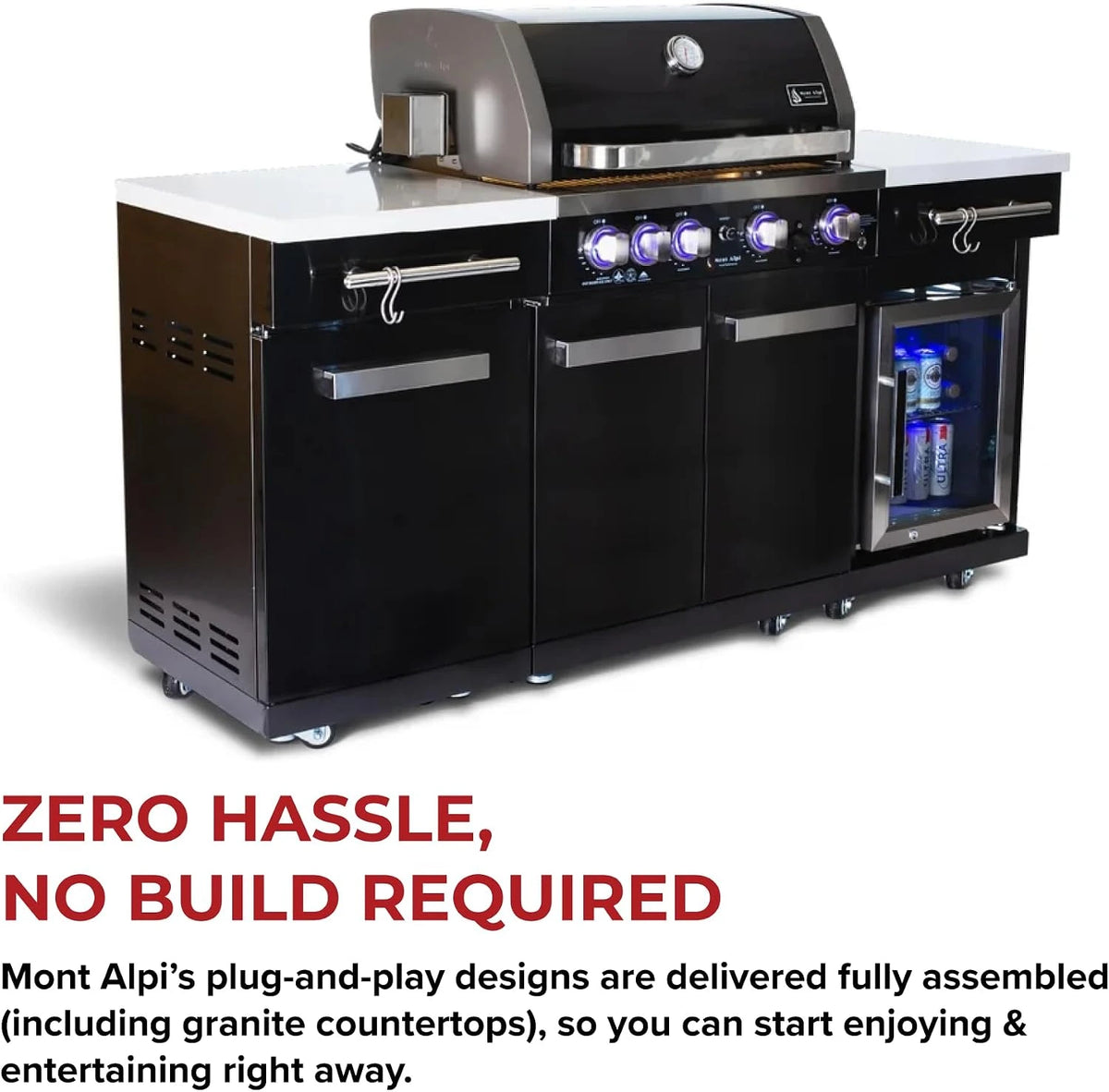 Premium 70"W Black Stainless Steel Outdoor Kitchen Island BBQ Gas Grill with Compact Refrigerator & Rotisserie Burner + Dual Sided Griddle Plate + Charcoal Tray + Natural Gas Conversion Kit — product view 3