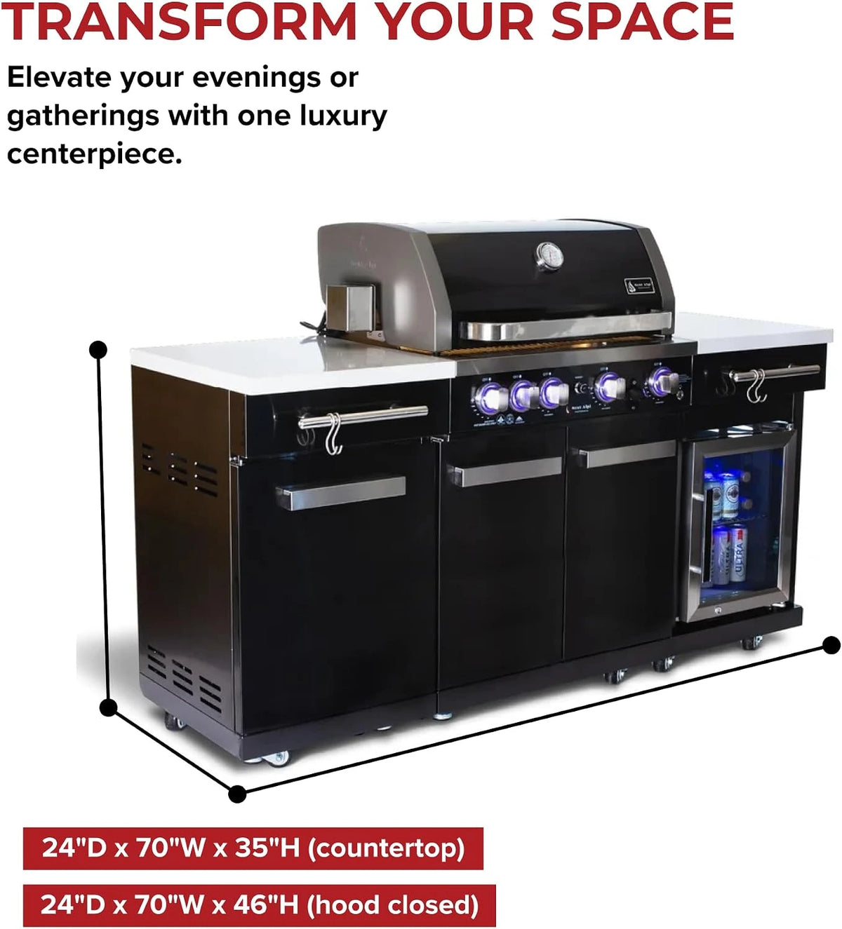 Premium 70"W Black Stainless Steel Outdoor Kitchen Island BBQ Gas Grill with Compact Refrigerator & Rotisserie Burner + Dual Sided Griddle Plate + Charcoal Tray + Natural Gas Conversion Kit — product view 6