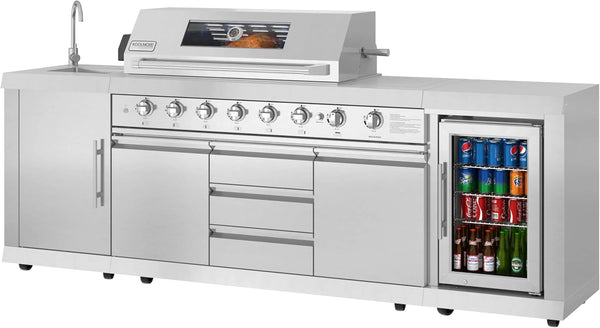Outdoor Kitchen Island with 6-Burner Grill, Sink & Beverage Fridge