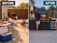 Outdoor Kitchen Island Gas Grill System 4 Burner BBQ Island with Rotisserie Kit, Integrated Sink, Wine Cooler & Granite Countertop — Before & After