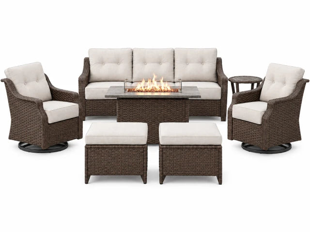 7-Piece Wicker Patio Set with Fire Pit & Swivel Rockers — Studio Shot