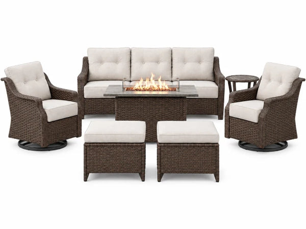 7-Piece Wicker Patio Set with Fire Pit & Swivel Rockers — Studio Shot