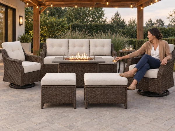 Outdoor Patio Furniture Set Built for Year-Round Use, 7 Pieces, Swivel Rockers, 50K BTU Fire Pit Table