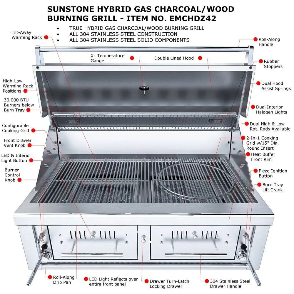 Sunstone Series 42″ Gas Hybrid Dual Zone Charcoal/Wood Burning Grill – EMCHDZ42 - Grand Alfresco