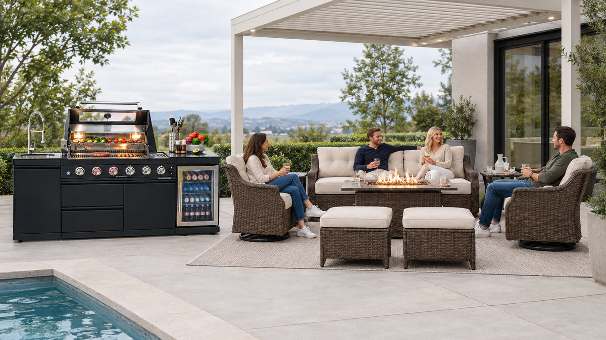A wide view of a modern hardscaped patio terrace featuring a louvered aluminum pergola with adjustable roof