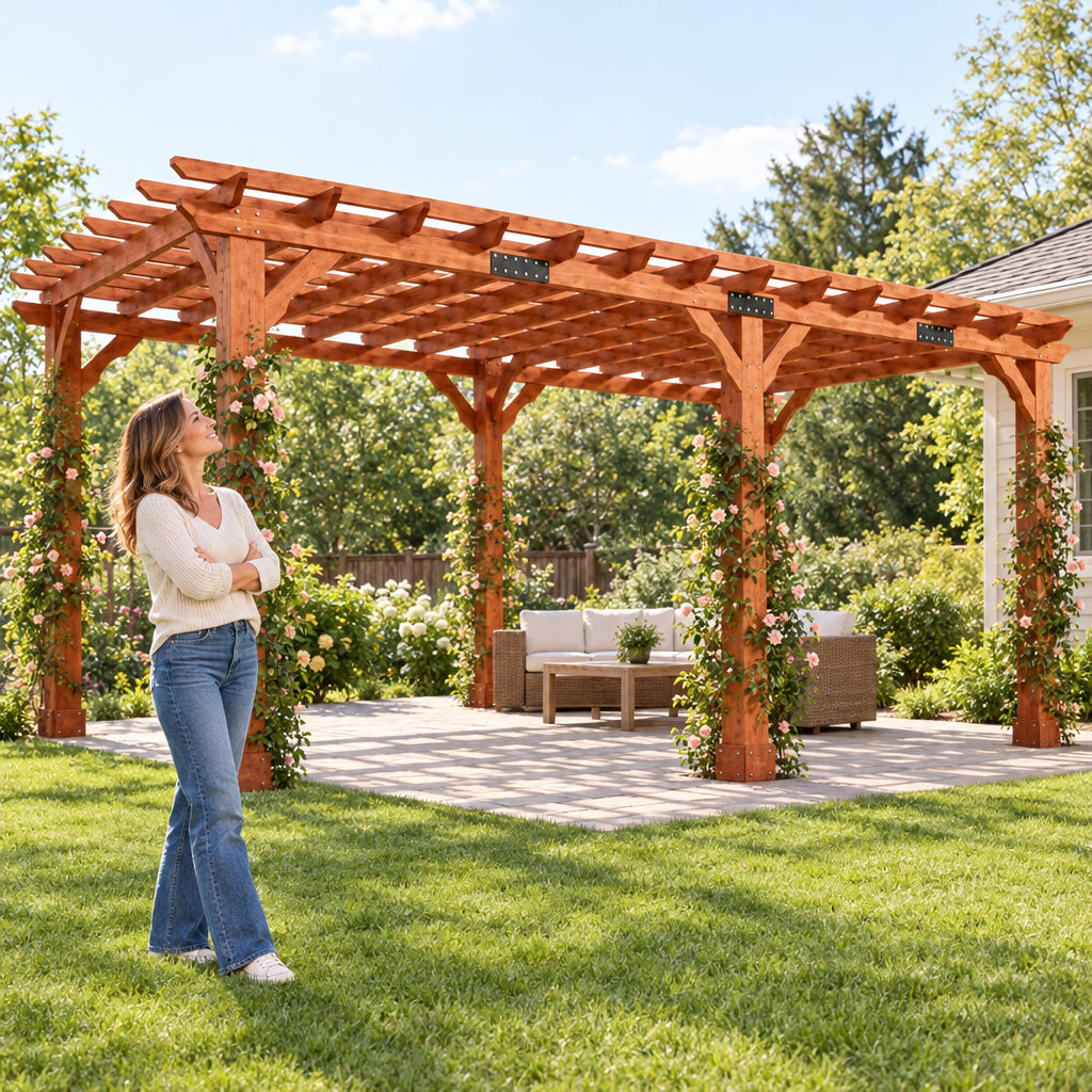 12x24 Ft Cedar Wood Pergola, a woman standing on the lawn a few steps outside the pergola, arms loosely crossed
