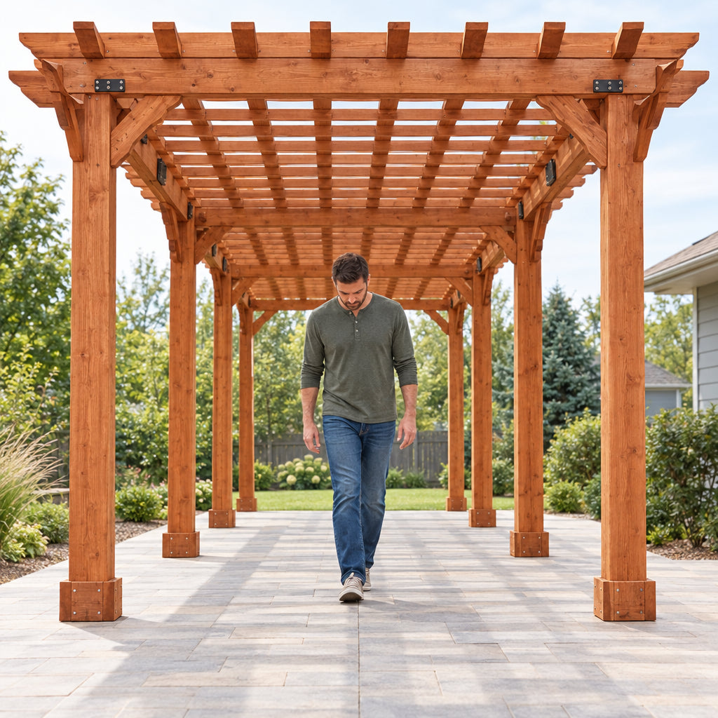 12x24 Ft Cedar Wood Pergola, a man walking heel-to-toe along the length of the pergola interior