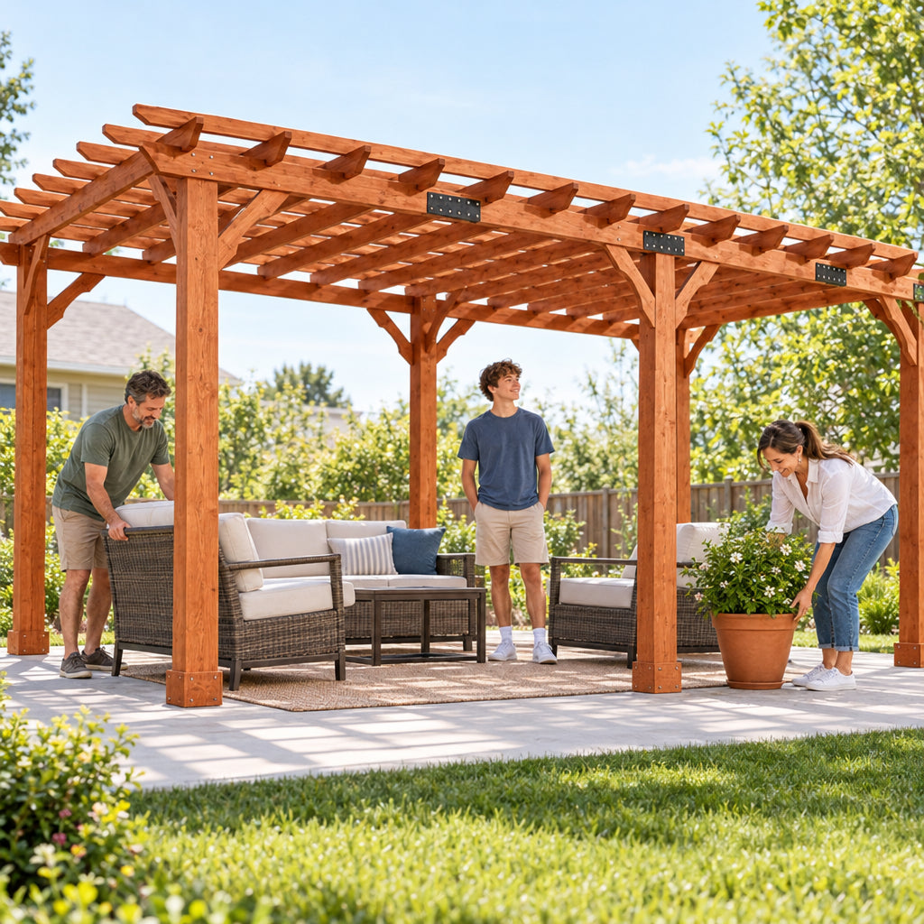12x24 Ft Cedar Wood Pergola, a couple and a teenager arranging outdoor furniture — one person unfolding a chair