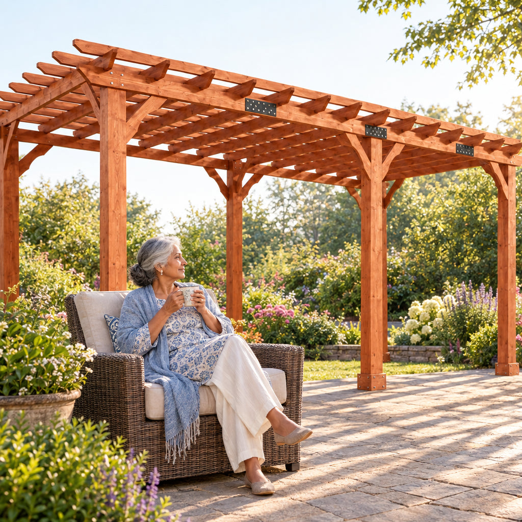 12x24 Ft Cedar Wood Pergola, an older woman seated in a cushioned chair with a cup of tea