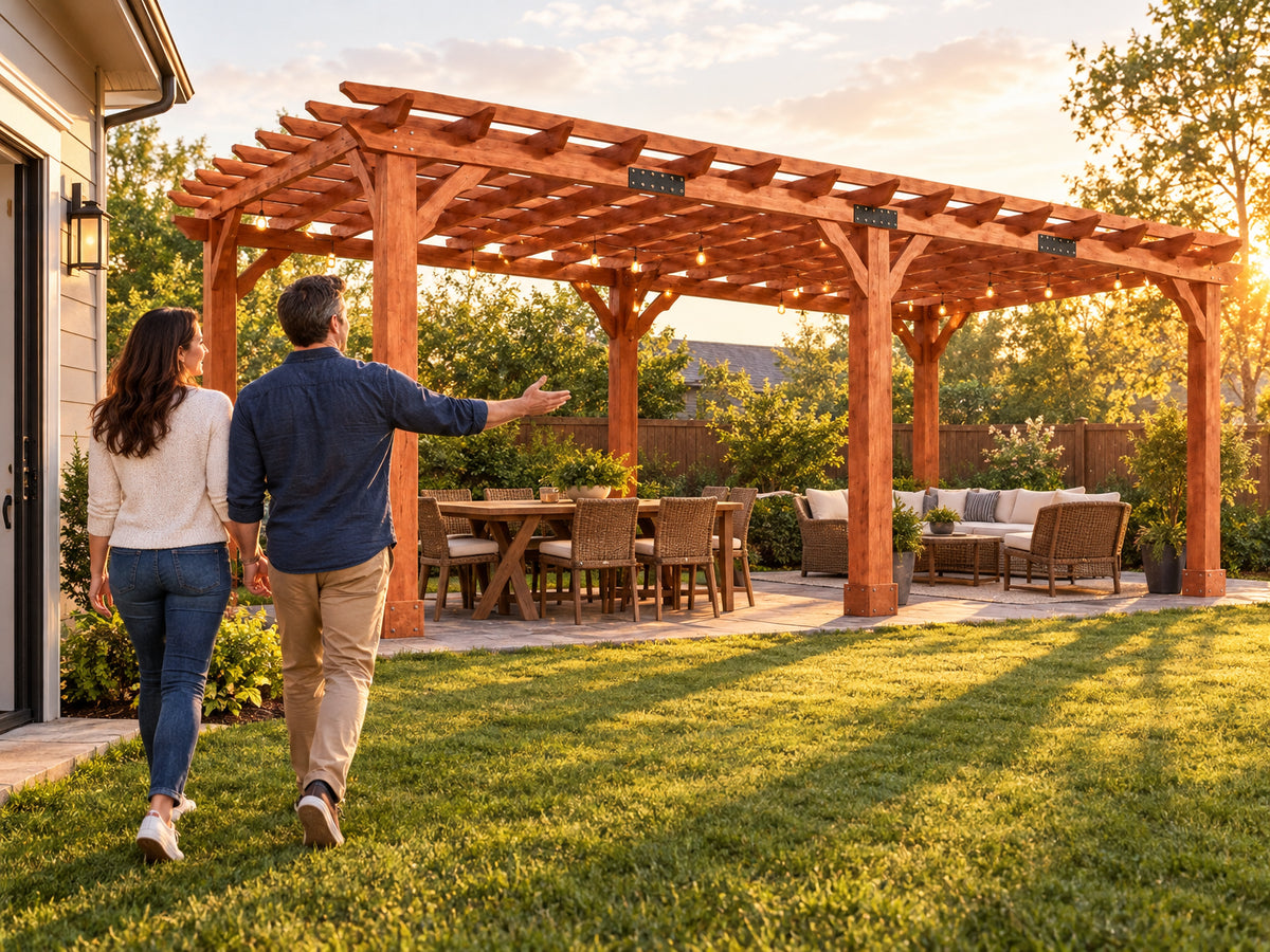 12x24 Ft Cedar Wood Pergola, two people walking side by side from a back door toward the pergola