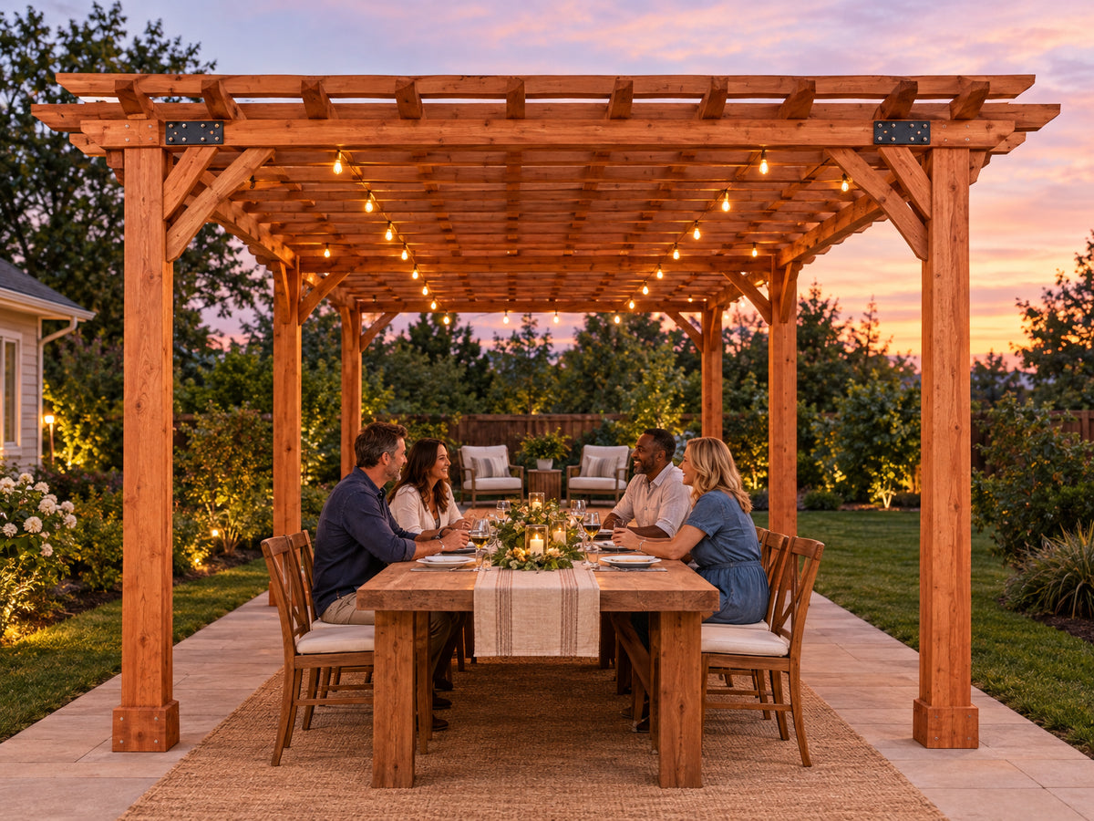 12x24 Ft Cedar Wood Pergola, four adults seated at a full-length dining table with empty chairs still available at the ends