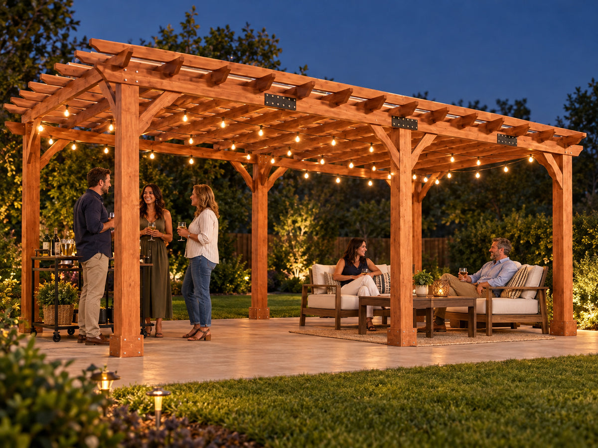 12x24 Ft Cedar Wood Pergola, a small group of adults standing in clusters, some holding drinks