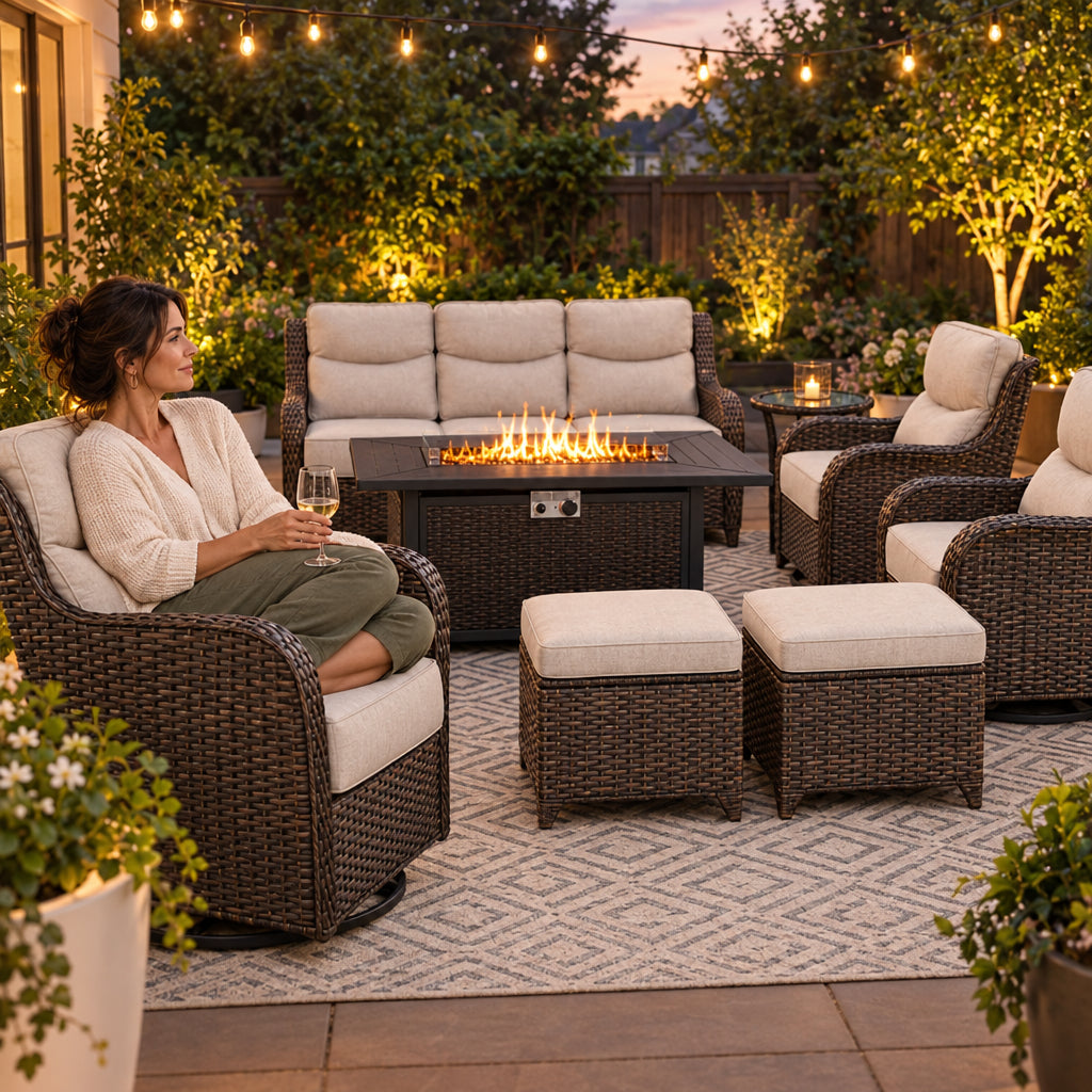 Luxury 9-Piece Outdoor Patio Furniture Set, a woman sitting sideways in a deep outdoor chair, bare feet tucked under her