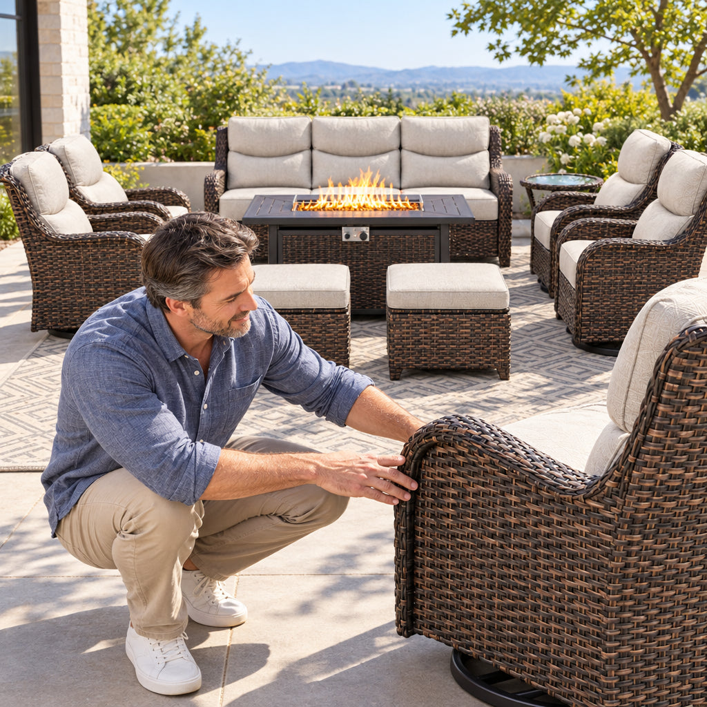 Luxury 9-Piece Outdoor Patio Furniture Set, a man crouching beside a chair