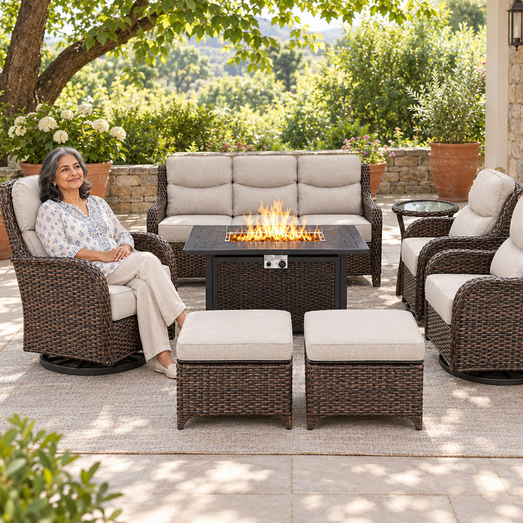 Luxury 9-Piece Outdoor Patio Furniture Set, an older woman seated upright in a swivel rocker, hands folded in her lap