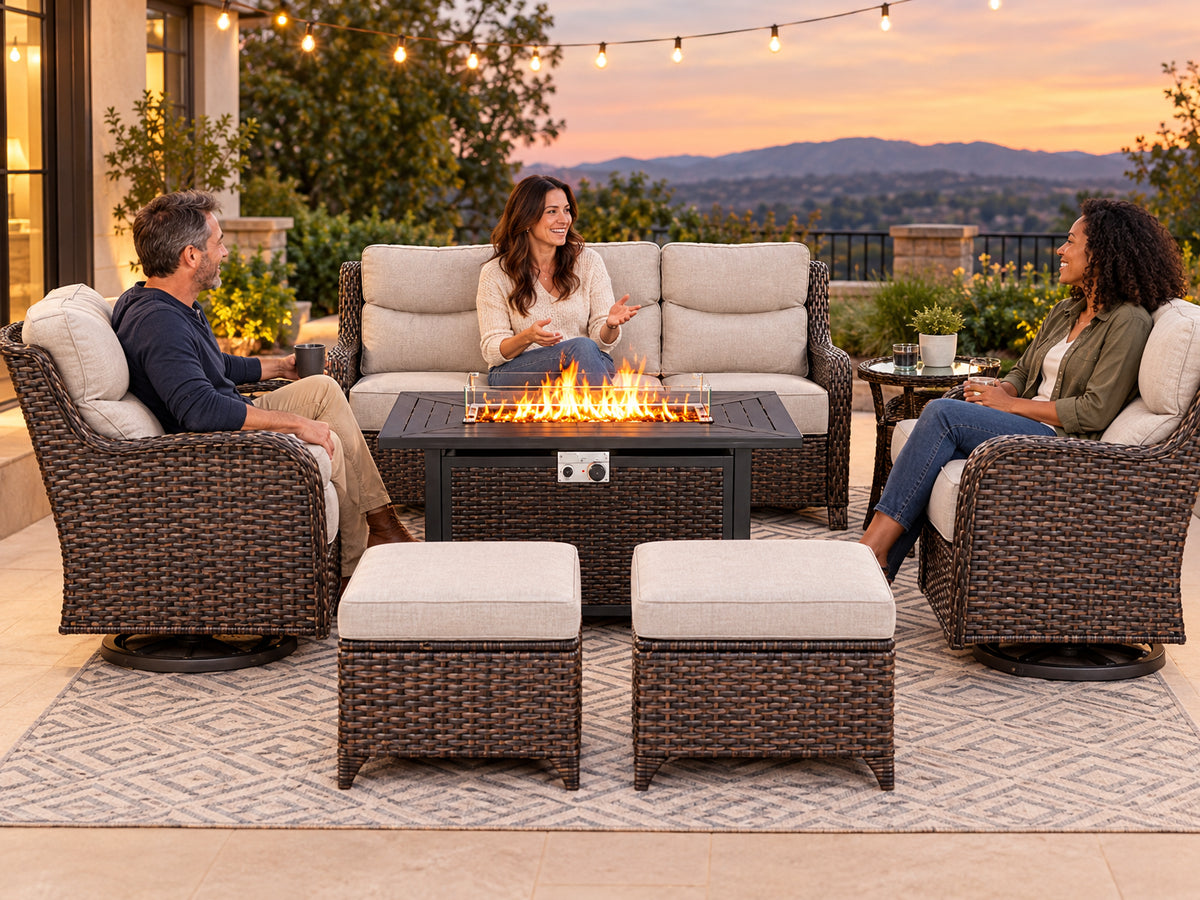 Luxury 9-Piece Outdoor Patio Furniture Set, two people in swivel rocker chairs turned toward a third guest