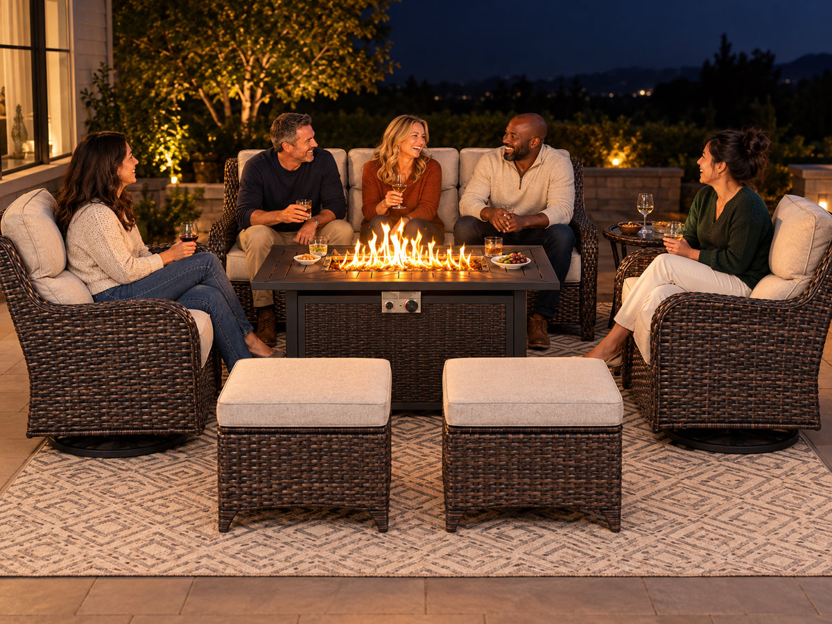 Luxury 9-Piece Outdoor Patio Furniture Set, a group of adults laughing, leaning toward the fire pit table