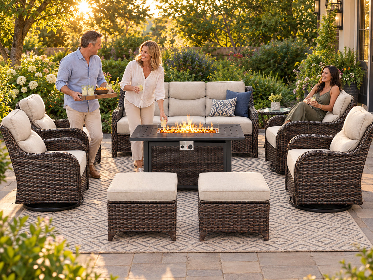 Luxury 9-Piece Outdoor Patio Furniture Set, a couple hosting guests on a patio set that looks immaculate and well-loved