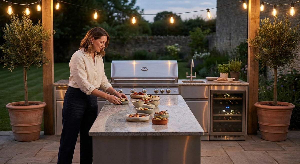 Outdoor Kitchen Island Gas Grill, woman arranges small appetizer dishes along the granite countertop before guests arrive