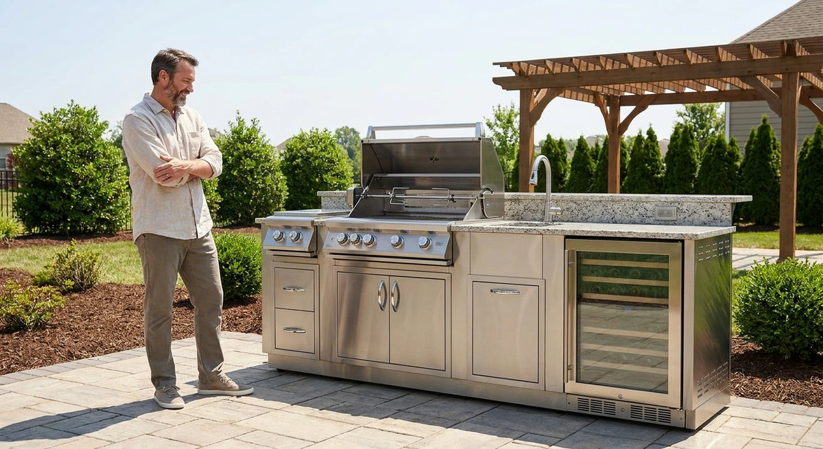 Outdoor Kitchen Island Gas Grill, man stands a few paces back from the island, arms loosely crossed