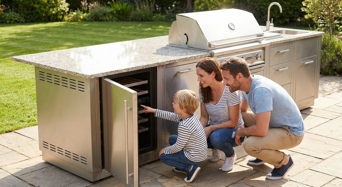 Outdoor Kitchen Island Gas Grill, couple and young child crouch together to peer into the open wine cooler compartment